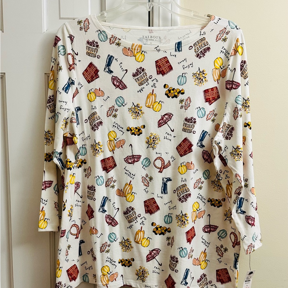 Talbots Cream Top with Autumn Motifs NWT 1X